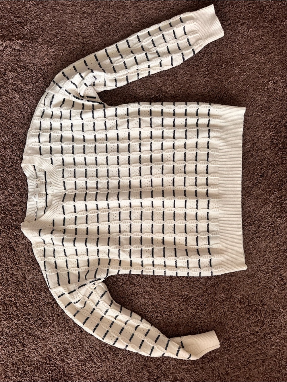 Cyrus White Long sleeve Textured Sweater with Navy Stripes